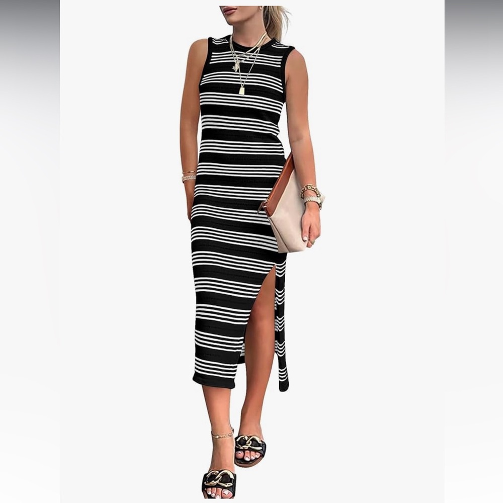 Black and white stripe midi dress - NWT
